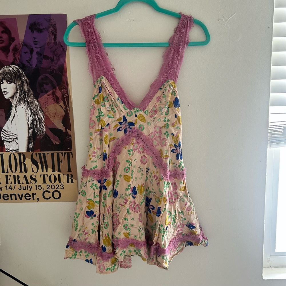 Urban Outfitters Plunging Lace Trim Mini Dress in Pink Floral